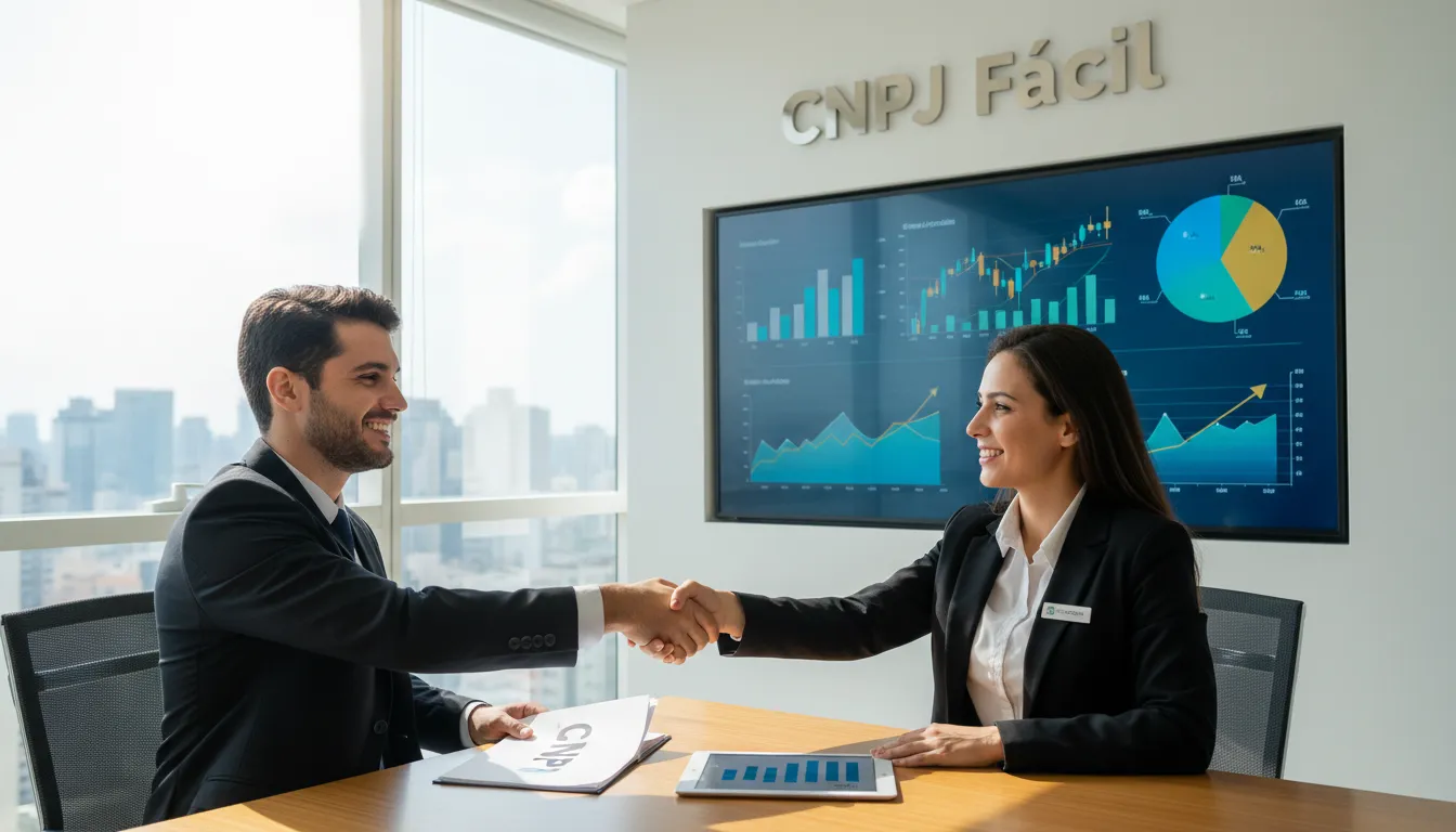 Empresário fechando negócio com consultor da Prezzo Contábil, simbolizando o suporte para abrir um CNPJ e crescimento financeiro.