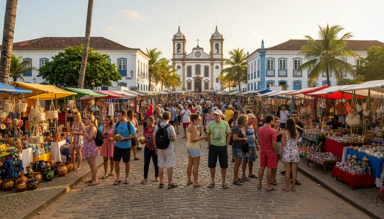 Rua movimentada em Porto Seguro, com vendedores, turistas e edifícios históricos, refletindo a rica cultura local.