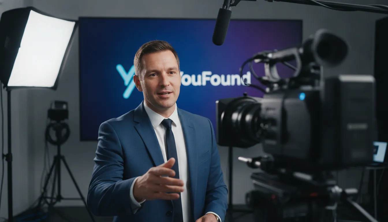 Apresentador profissional comunicando-se com audiência, fortalecendo marketing de relacionamento através de vídeo.