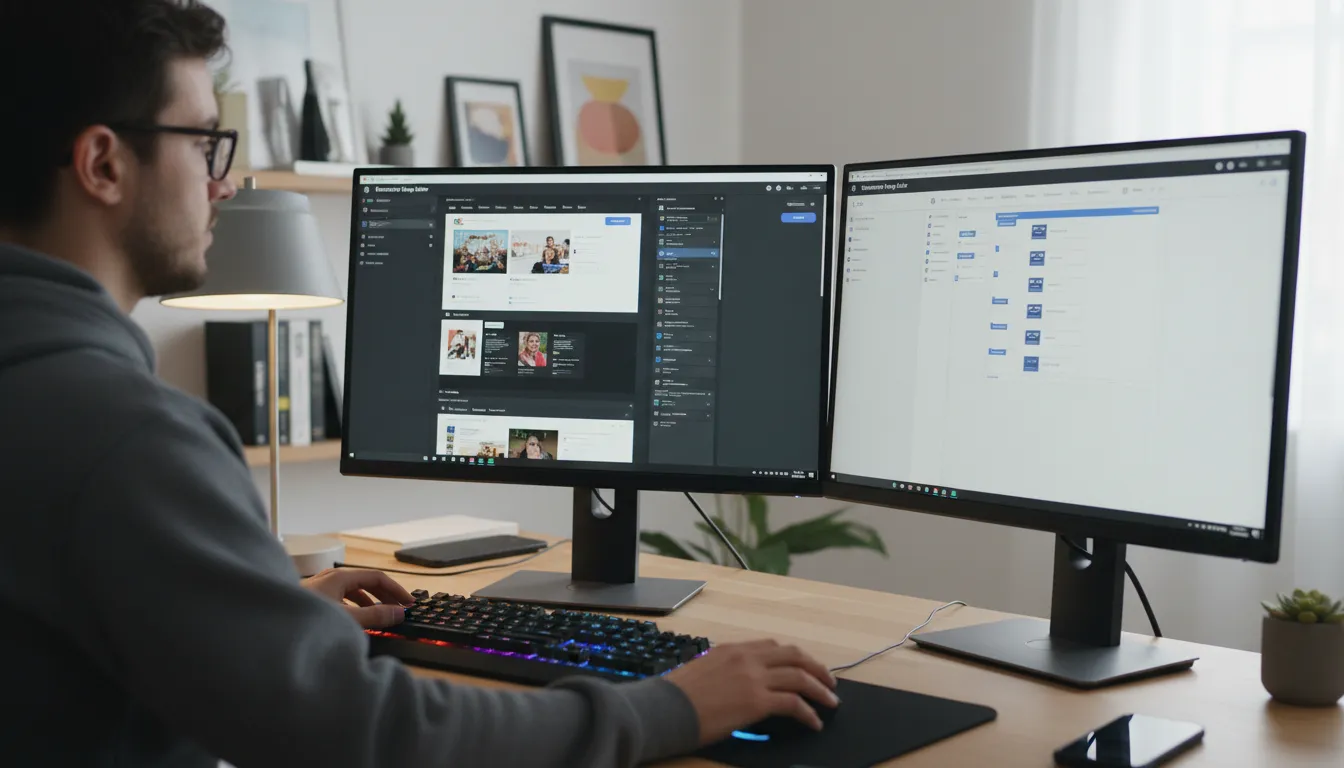Elementor vs Gutenberg em 2026: Qual Escolher? 1 Profissional ajustando Elementor e Gutenberg em monitores duplos, demonstrando diferenças visuais em ambiente moderno.