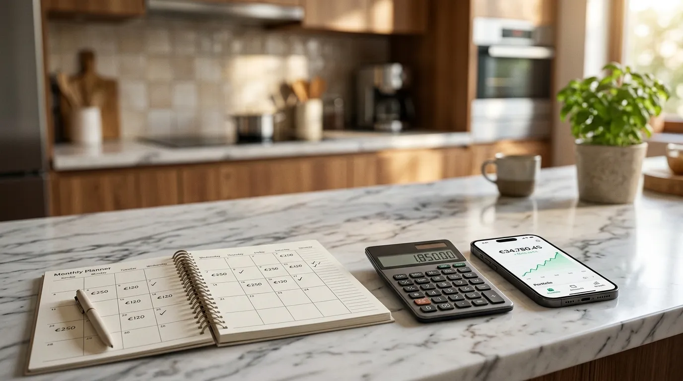Planner e celular mostrando metas de planejamento financeiro para compra de alto valor sobre balcao.