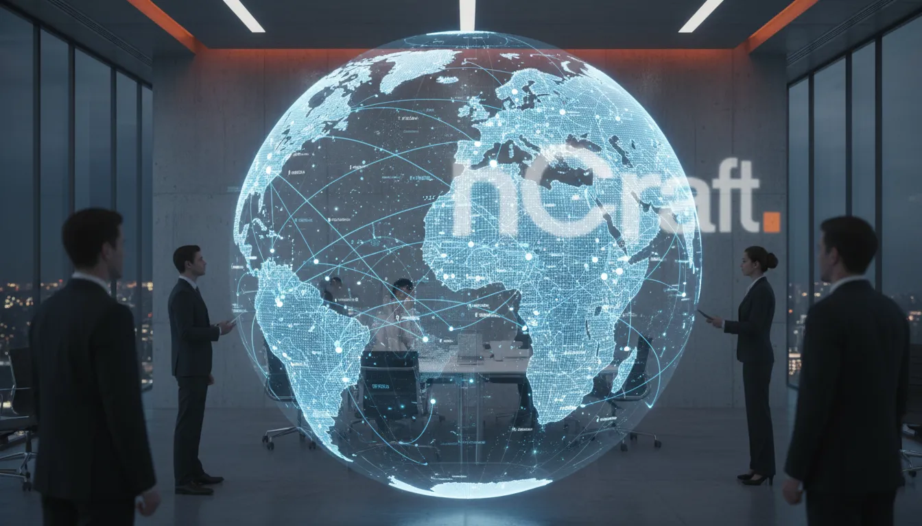 Visualização de uma rede global com nós interconectados, destacando o alcance internacional da criação de sites da InCraft Digital. Um globo estilizado representa a presença em diversos países.