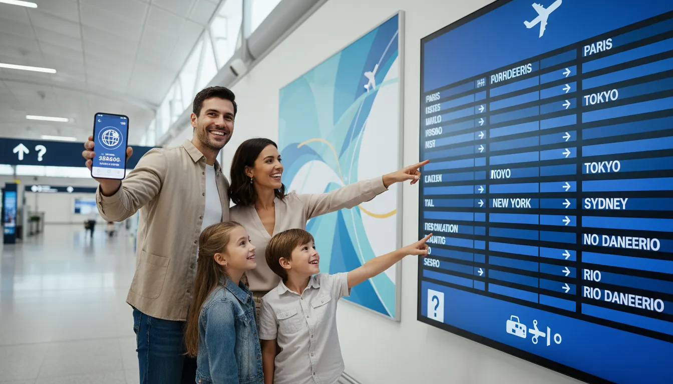 Família animada em aeroporto, pai mostra app de milhas. Banner da Viagente ao fundo, ilustrando como comprar milhas pode realizar sonhos de viagem.