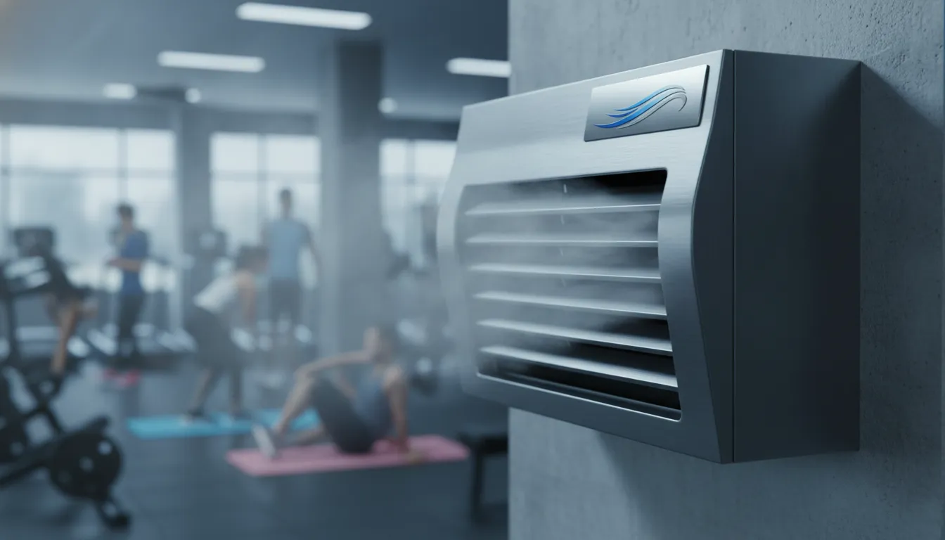 Unidade de ventilação para academia MegaVent expelindo ar fresco, garantindo conforto térmico e qualidade.