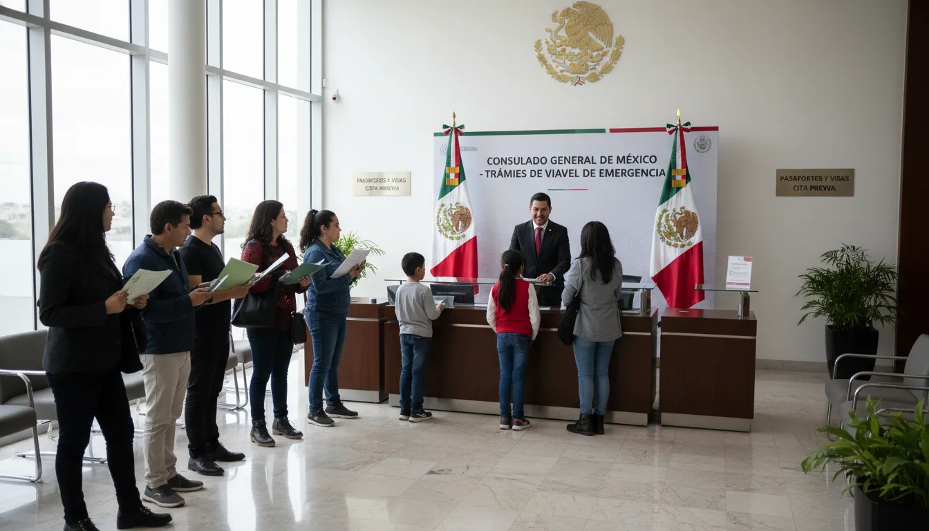 Personas recibiendo ayuda en un consulado mexicano para obtener documentos de viaje de emergencia.