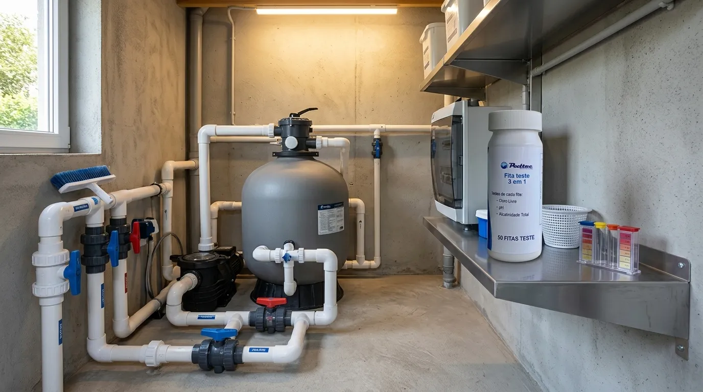 Casa de máquinas organizada para manutenção de piscina mensal e revisão de filtros Equibombas.