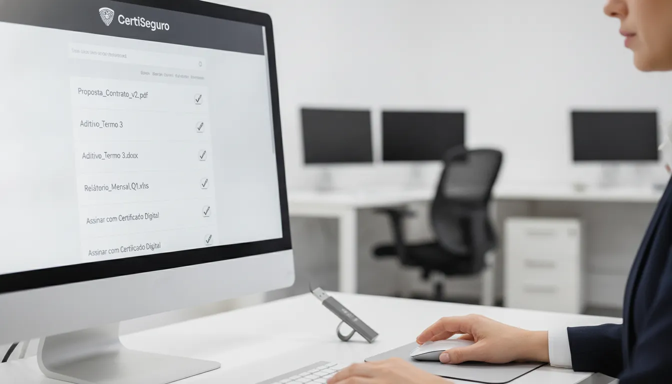 Mãos utilizando certificado digital para assinatura em lote na interface intuitiva da plataforma CertiSeguro.