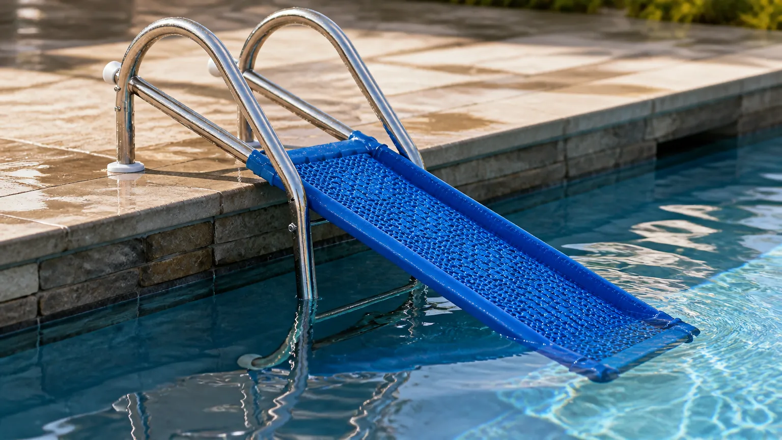 Detalhe dos degraus antiderrapantes da escada para piscina com água cristalina ao sol.