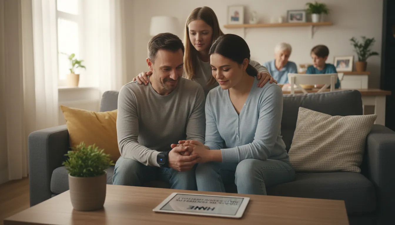 Pessoa em casa com tornozeleira eletrônica, rodeada por familiares, indicando cumprimento de medida cautelar