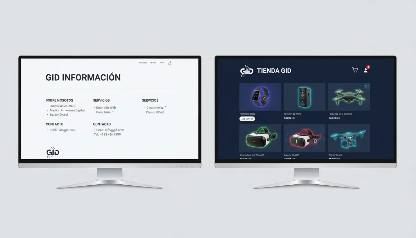 Comparación de web site vs tienda virtual mostrando la diferencia web site tienda, con GID ofreciendo soluciones de adhesivos personalizadas.