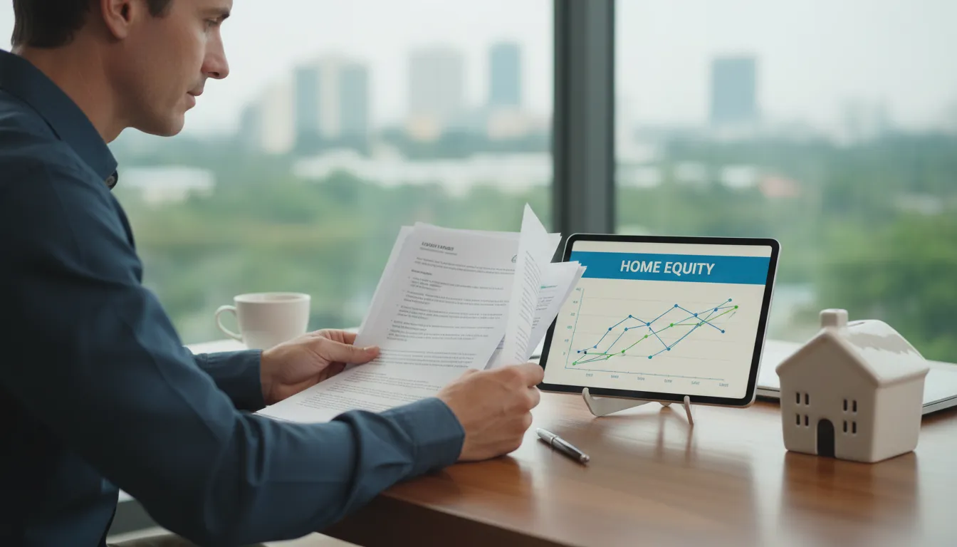 Pessoa analisando opções de empréstimo com garantia (home equity) em tablet, com cofre em forma de casa simbolizando a modalidade.