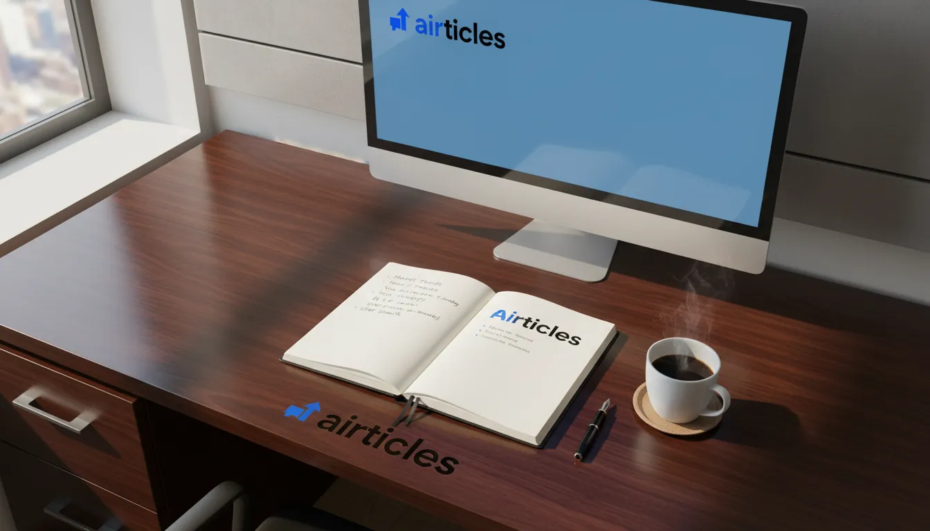 Overhead shot featuring key phrases for redação conclusão scattered around the notebook, with 'Airticles' subtly etched into the wooden desk.