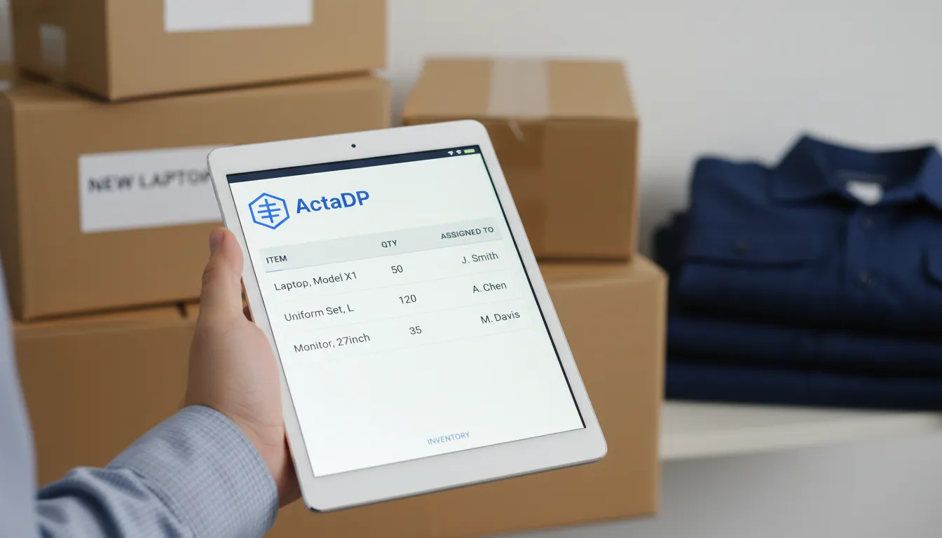 Mão segurando tablet com sistema digital de controle de ativos, mostrando inventário de equipamentos.