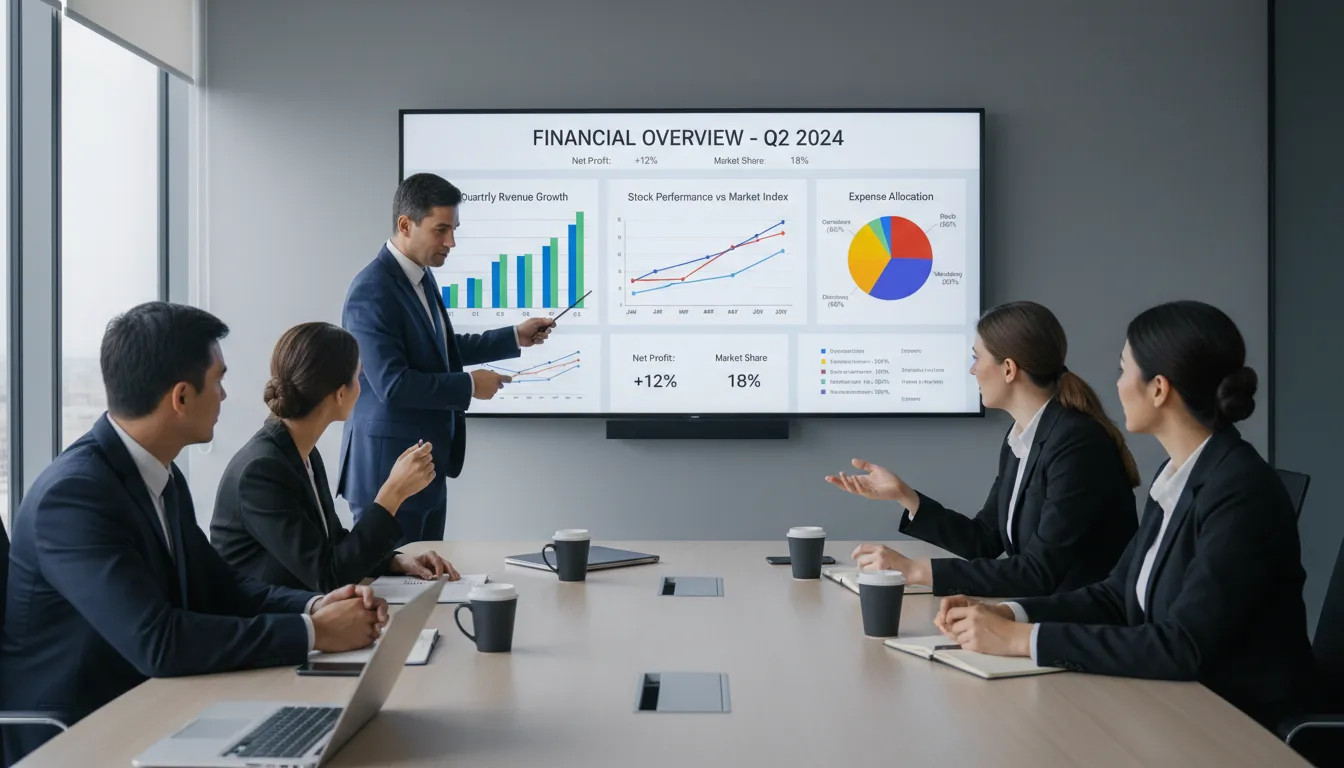 Dashboard de indicadores financeiros em destaque em reunião de negócios, mostrando análise de desempenho empresarial.