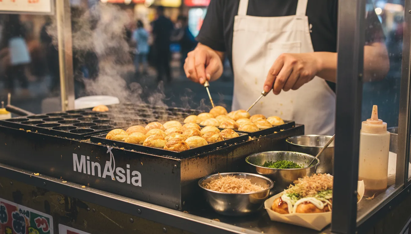Close-up de chef preparando Takoyaki em Osaka, destacando a culinária autêntica de osaka japão.