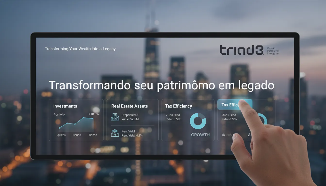 Painel digital mostrando a otimização da restituição de imposto de renda e outros investimentos, com design moderno e intuitivo.