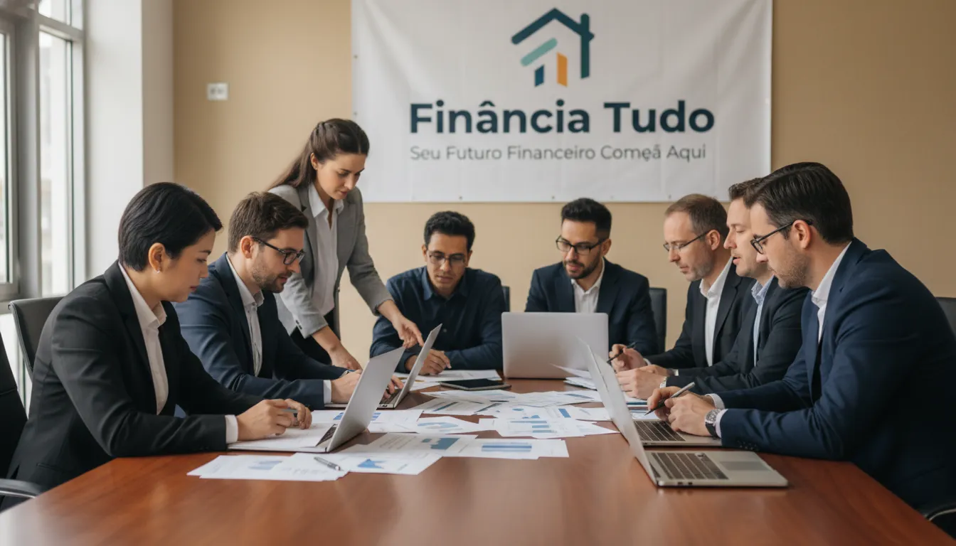 Pessoas reunidas analisando documentos financeiros com a Financia Tudo, plataforma que facilita o acesso ao crédito para financiamento de imóvel usado com segurança e transparência.