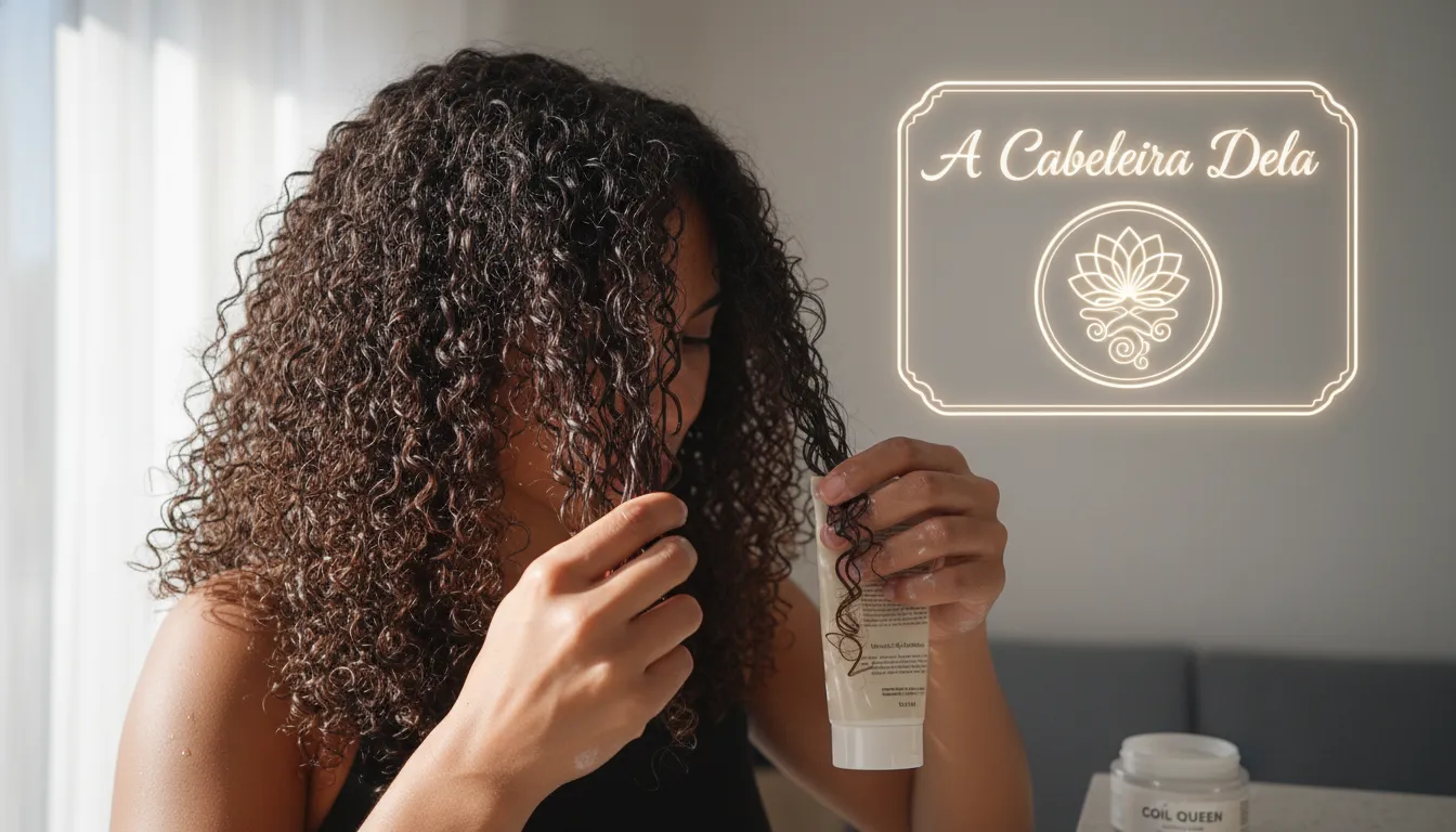 Mulher com cabelo crespo definindo seus cachos com leave-in, evidenciando textura e saúde. Ótimos finalizadores para cabelo.