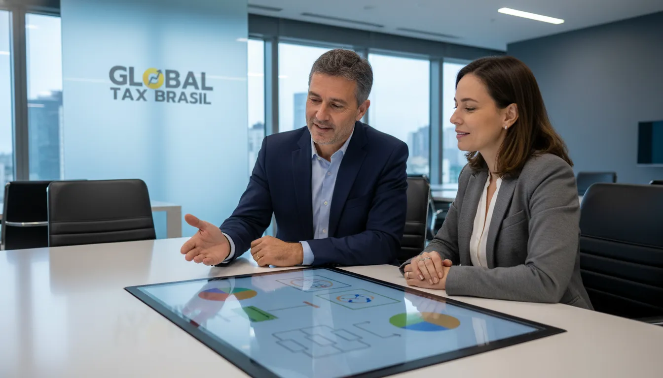 Consultor financeiro explicando as obrigações do imposto de renda brasileiro no exterior a um cliente com clareza.