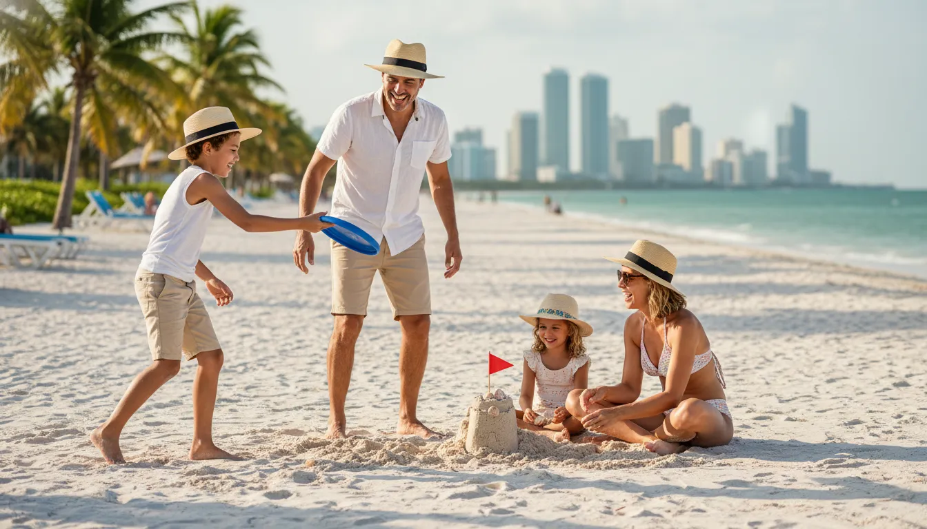 Família brasileira feliz na praia da Flórida, com tranquilidade financeira de um contador para brasileiros na Flórida.