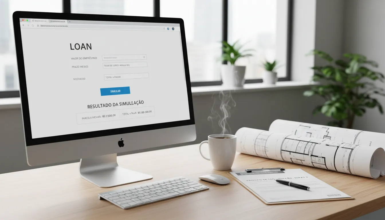 Ambiente de trabalho mostrando simulação de financiamento no computador e papéis de construção