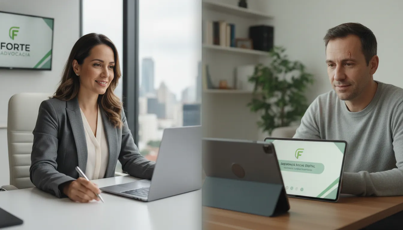 Uma advogada experiente em videochamada, oferecendo atendimento humanizado e digital sobre direitos do auxílio acidente a um cliente.