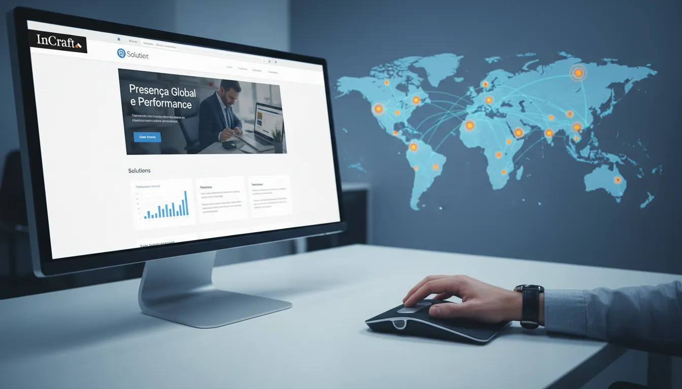 Website WordPress de alta performance exibindo presença global, mostrando resultados de empresas de mkt digital especializadas.