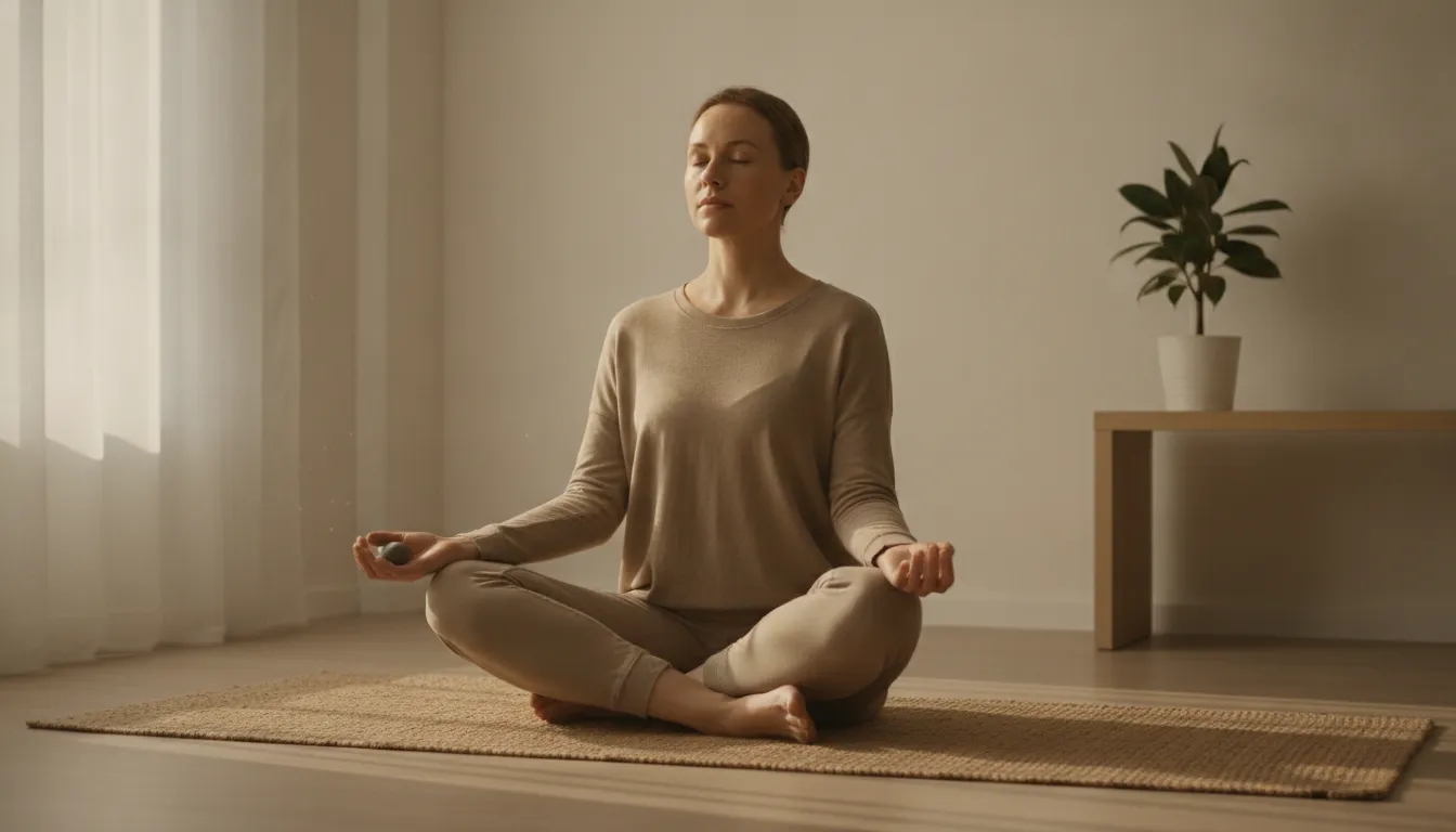 Pessoa meditando em ambiente calmo, com expressão serena, combatendo a ansiedade com mindfulness.
