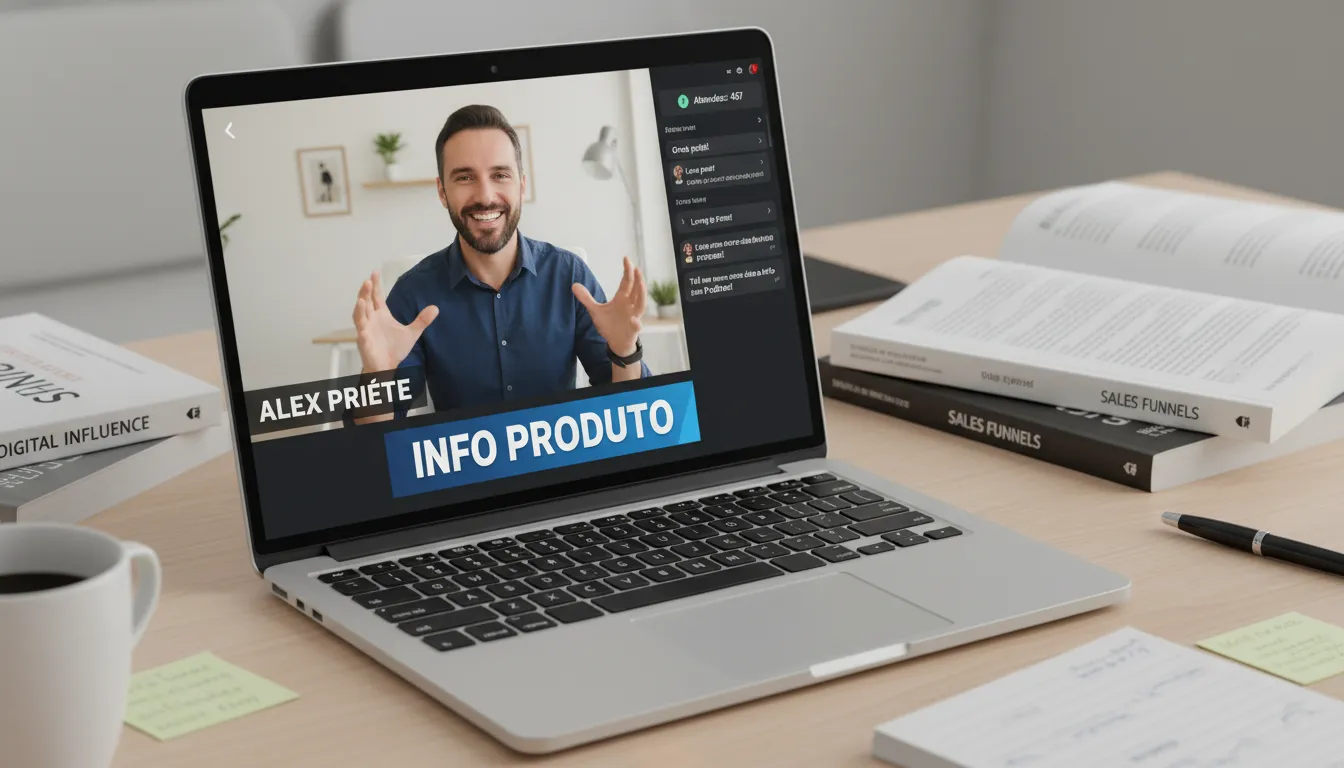 Interface de webinar na tela de um laptop, apresentando um apresentador interagindo entusiasticamente com o público, ilustrando Como vender Info Produto com a metodologia Alex Priete.
