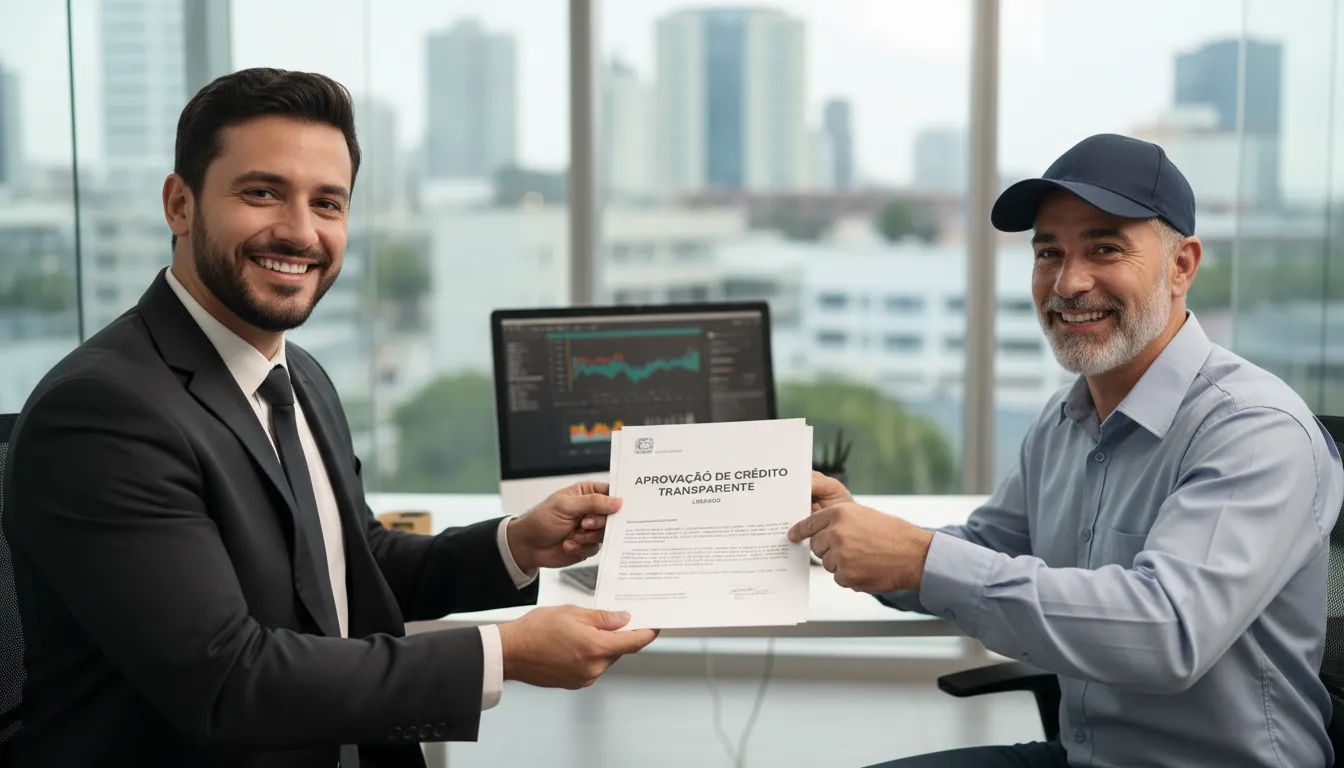 Gerente financeiro entrega documentos aprovados para motorista de caminhão em ambiente iluminado.