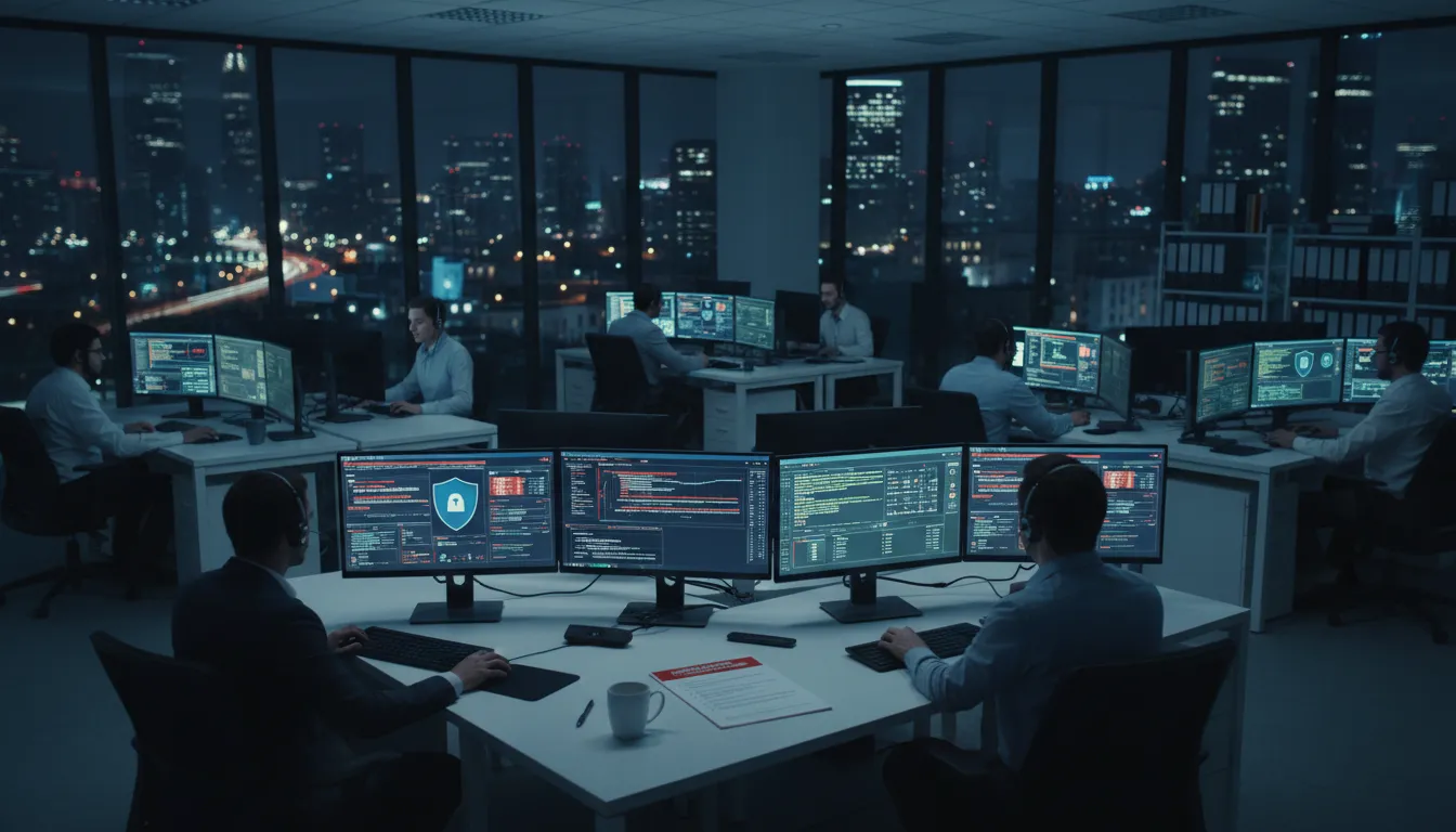 Equipe de TI monitora alertas de ameaças cibernéticas e executa plano de resposta a incidentes.