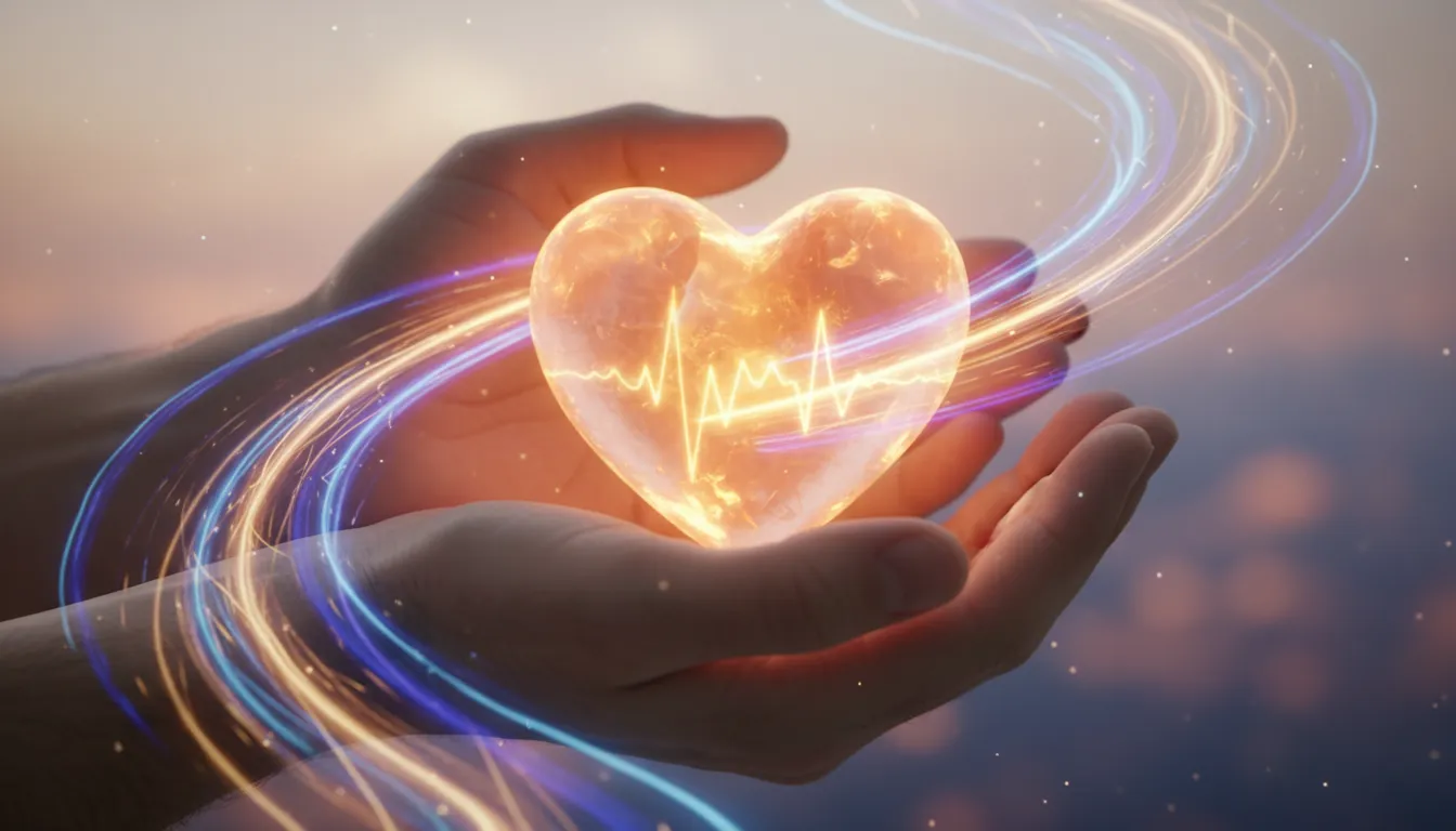 Mãos segurando coração brilhante, simbolizando a cura física interior espiritual e emocional.