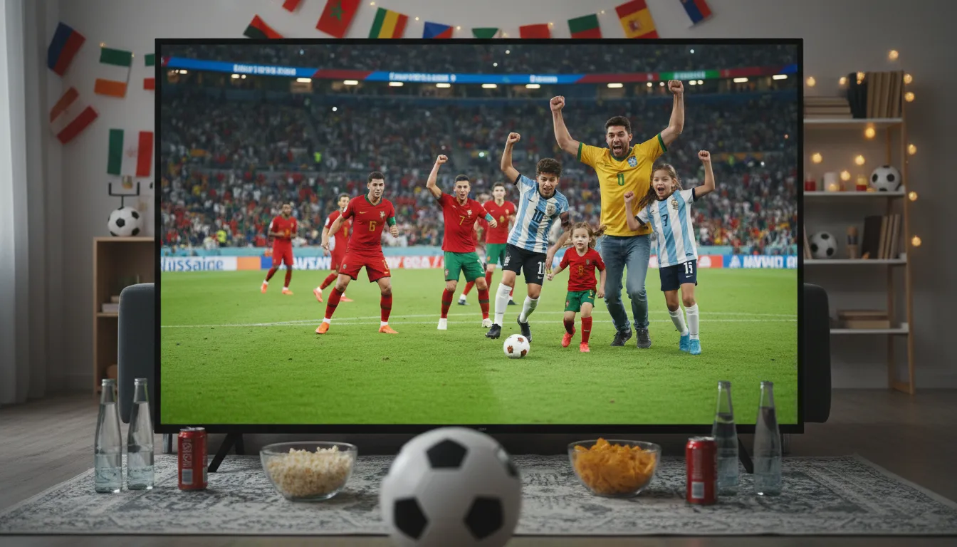 Família assistindo a um jogo da Copa do Mundo em uma TV de alta definição. A copa do mundo 2030 onde vai ser.