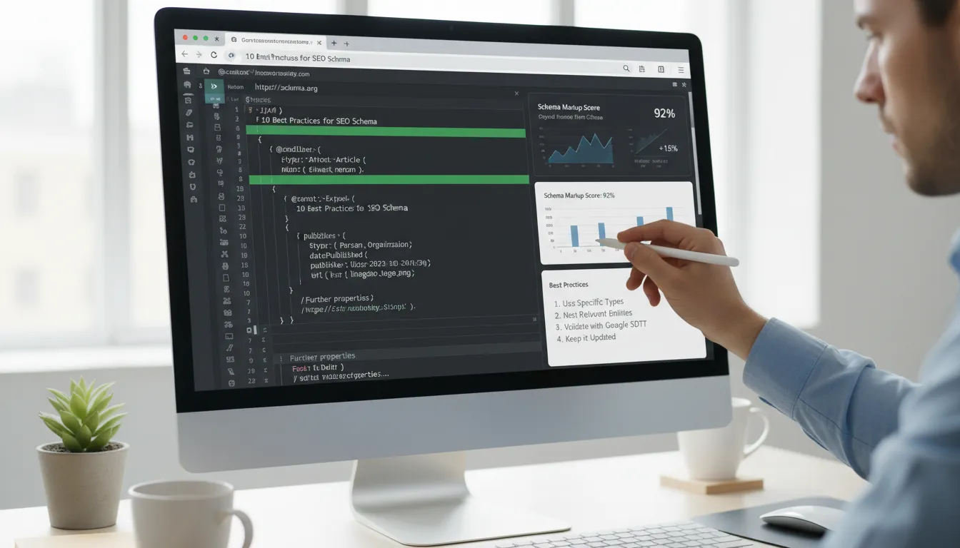 Dados Estruturados (Schema) em 2026: Por Que Importa 1 Desenvolvedor aponta para marcação de schema JSON-LD validada em tela de computador com análises de SEO.