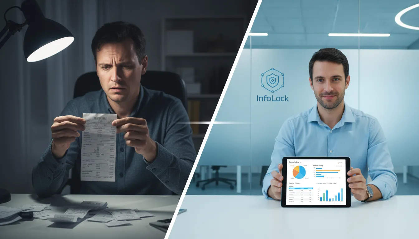 Comparativo: funcionário preocupado vs. funcionário confiante com salary transparency, destacando soluções InfoLock de segurança de dados.