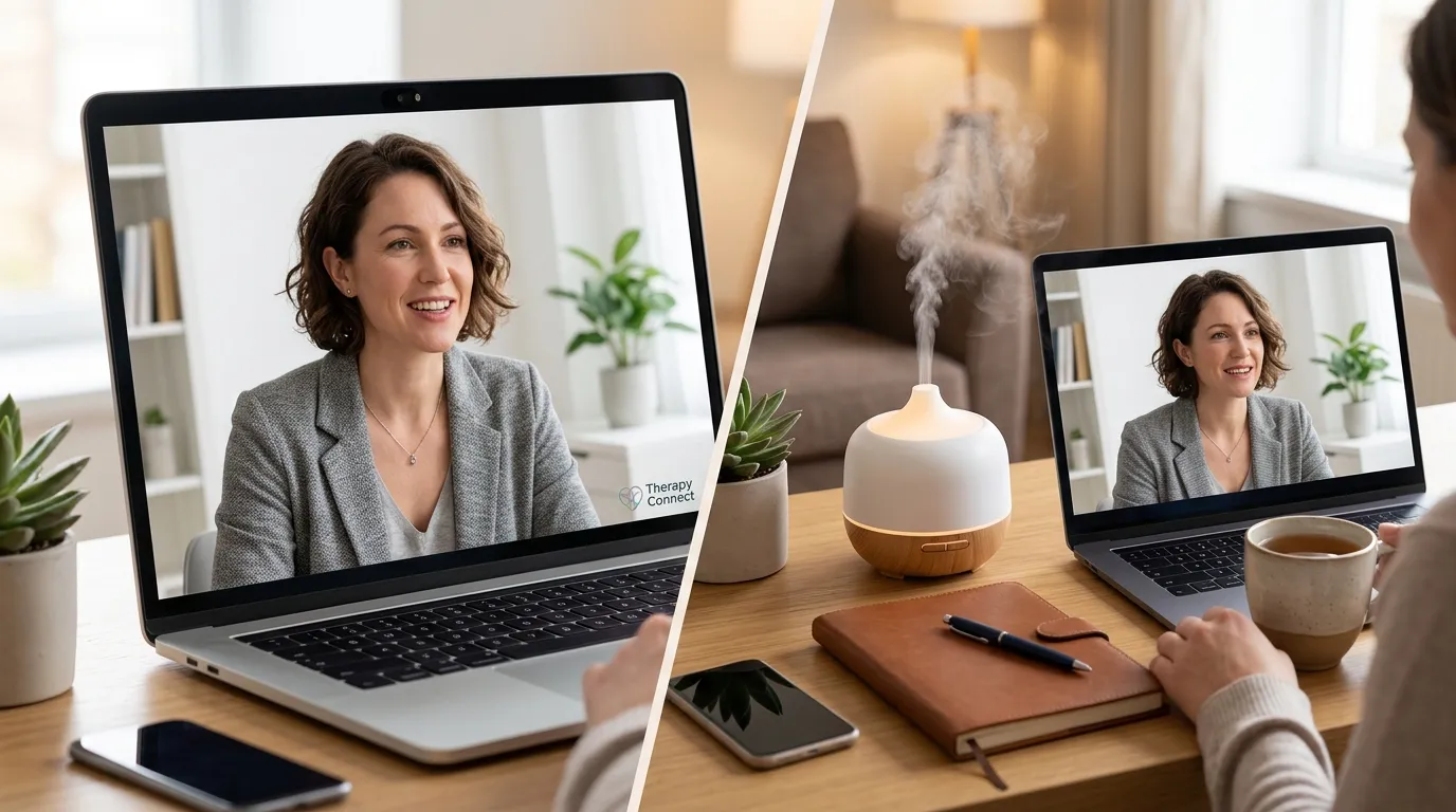 Consulta online integrada com práticas de bem-estar e aromaterapia para saúde mental.