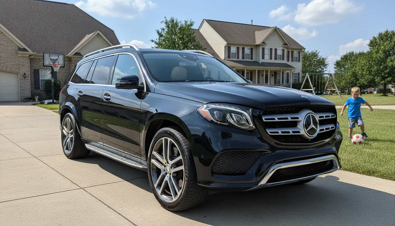 Um Mercedes-Benz GLS estacionado em uma garagem, com uma criança brincando, enfatizando o tema familiar e o design de um dos melhores carros de luxo família 2026.