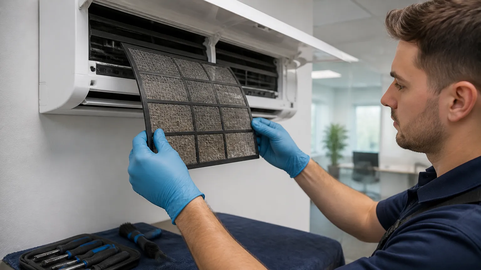 Limpeza de filtros durante manutenção preventiva do ar condicionado corporativo.