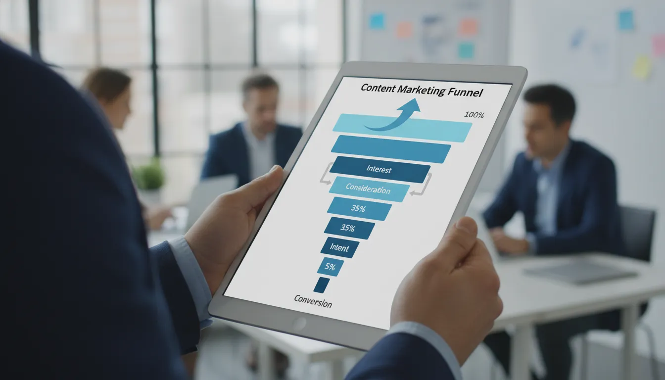 Infográfico em tablet detalha funil de marketing de conteúdo, mostrando etapas para conversão e sucesso do cliente.