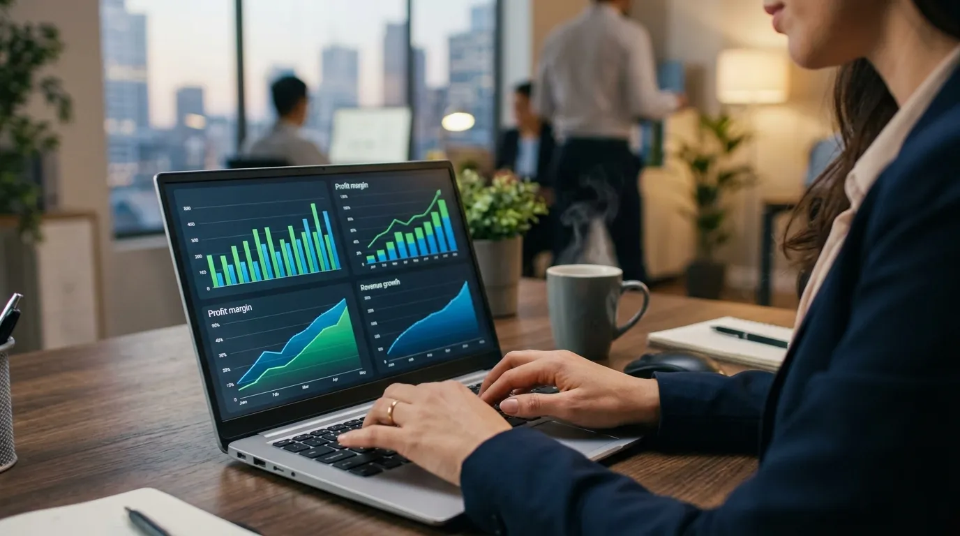 Tela de laptop exibindo gráficos de indicadores financeiros de uma empresa.
