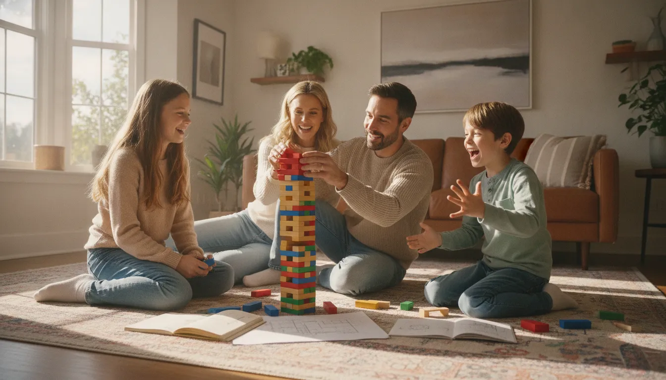 Família unida constrói juntos, rindo e interagindo positivamente, reflexo da terapia familiar e bem-estar.