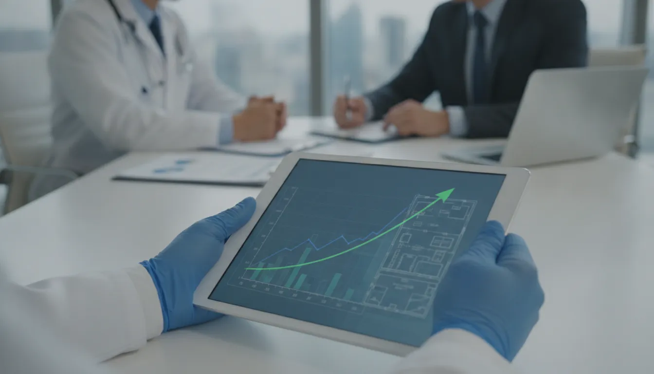 Mãos de médico segurando tablet com gráfico financeiro, ilustrando home equity para médicos e expansão.