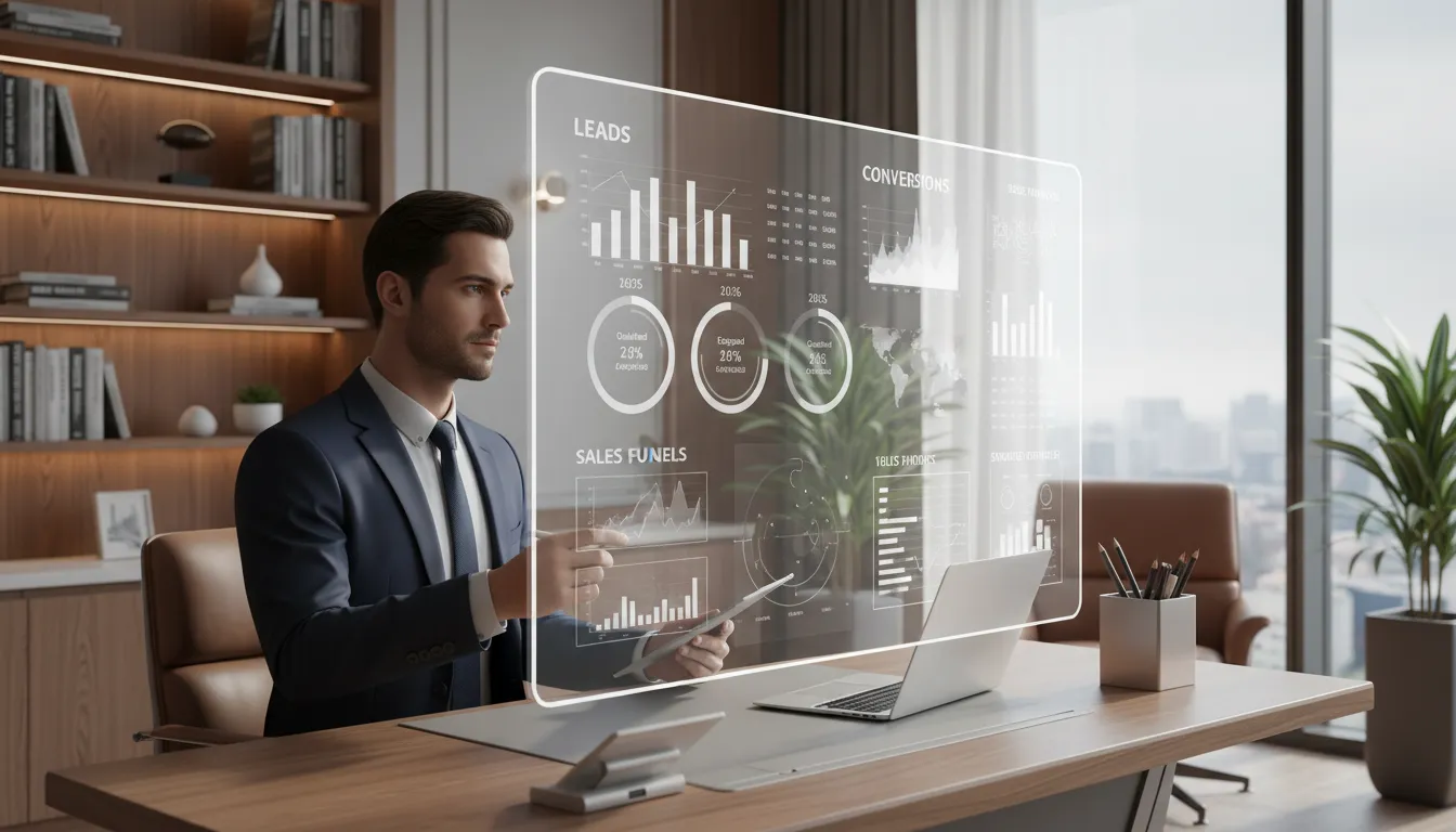 Gestor de clínica observa relatórios digitais com métricas e taxas de conversão em ambiente premium.