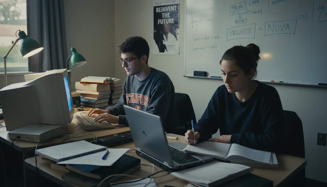 Universitários desenvolvendo projeto tecnológico inovador em ambiente acadêmico.