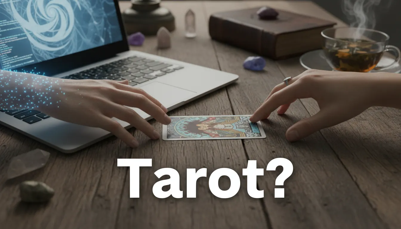 Mãos alcançando cartas de tarot online e presenciais, simbolizando a escolha entre as modalidades.