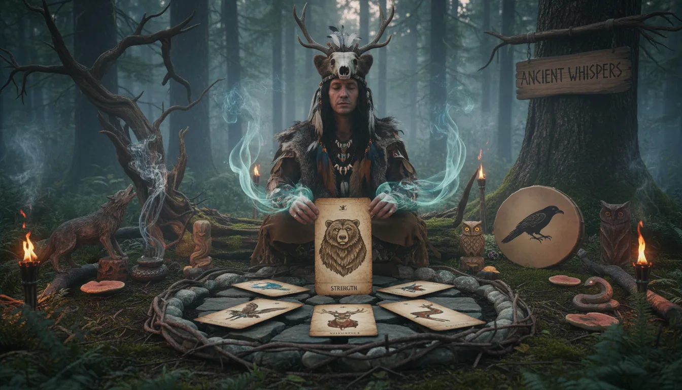 Ritual xamânico na floresta com cartas de tarot, vestimenta indígena e símbolos animais em clima místico.