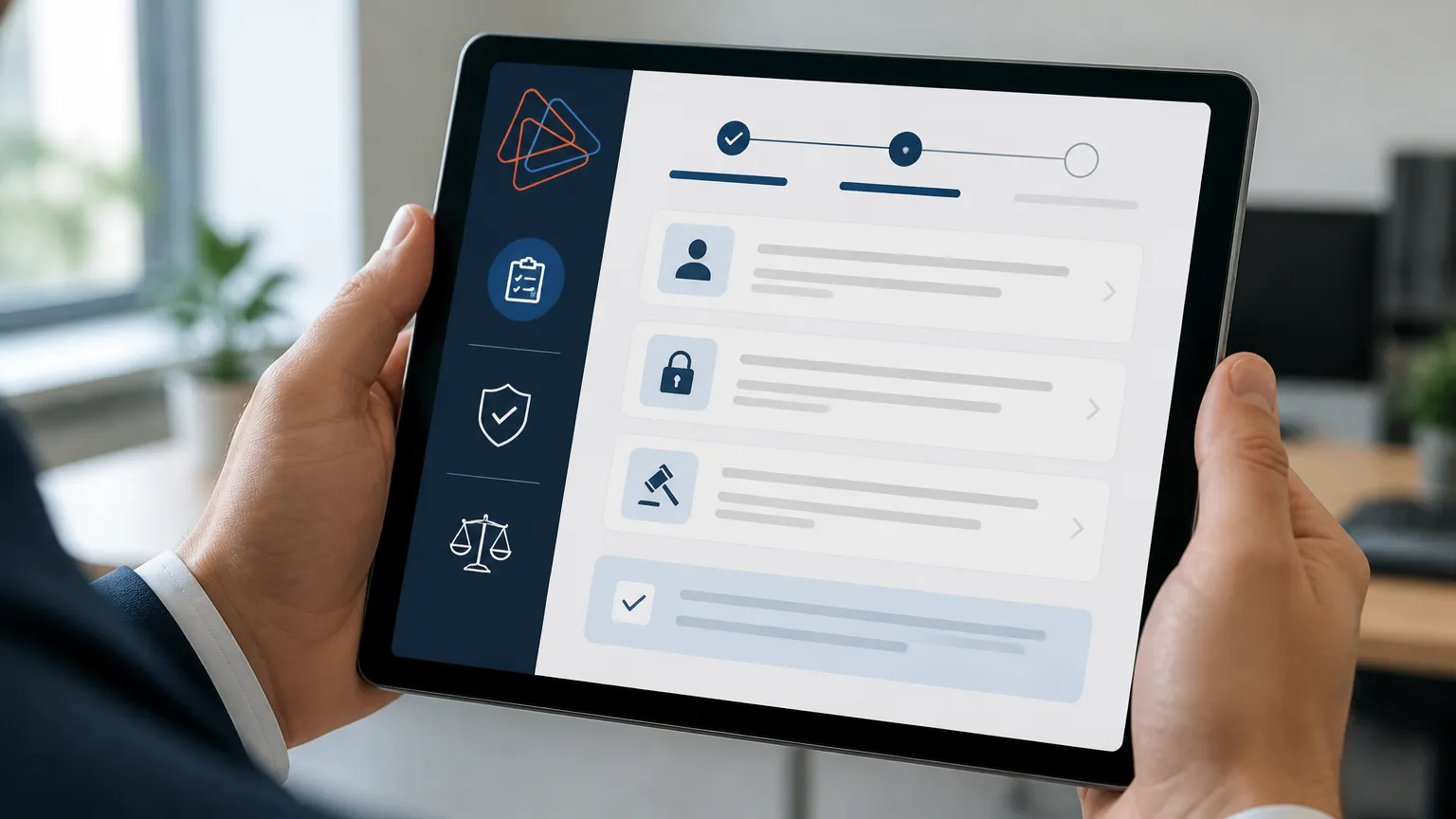 Tela de tablet exibindo termos contratuais simplificados com elementos de visual law.
