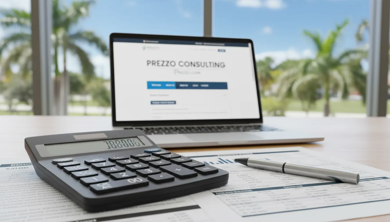 Detalhe de uma mesa de escritório com calculadora e documentos financeiros, representando o trabalho de um Escritório de Contabilidade na Flórida.