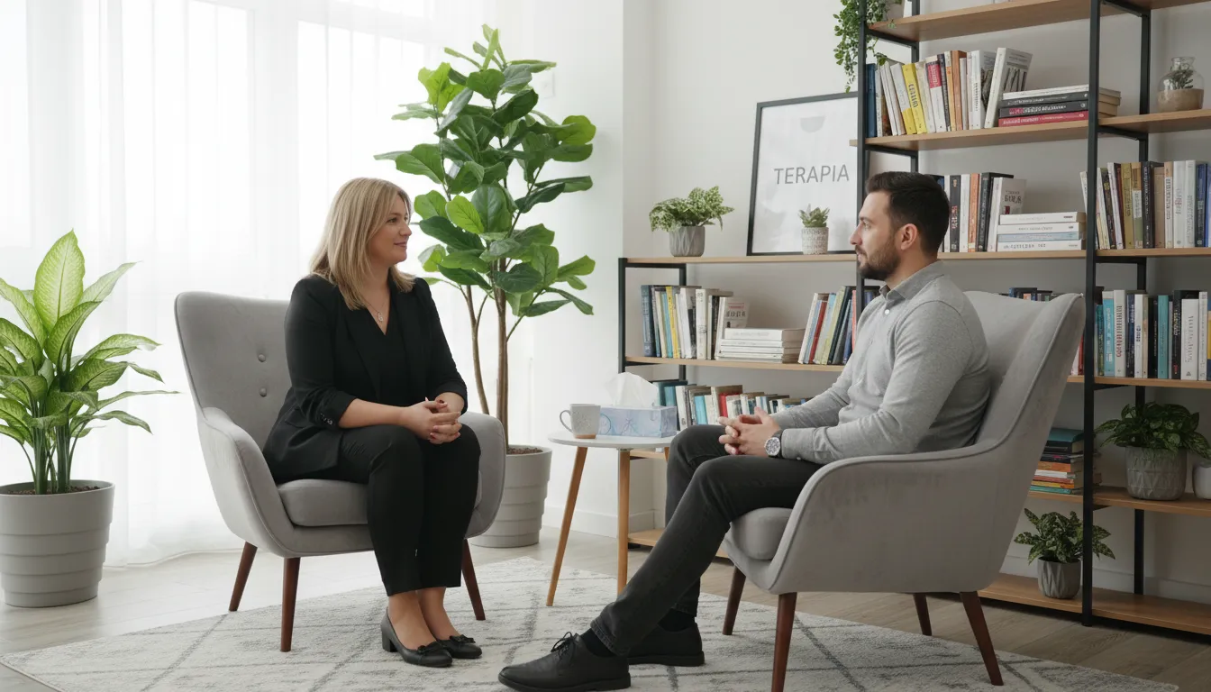Cena fotorrealista de psicoterapia com psicóloga e paciente em ambiente acolhedor