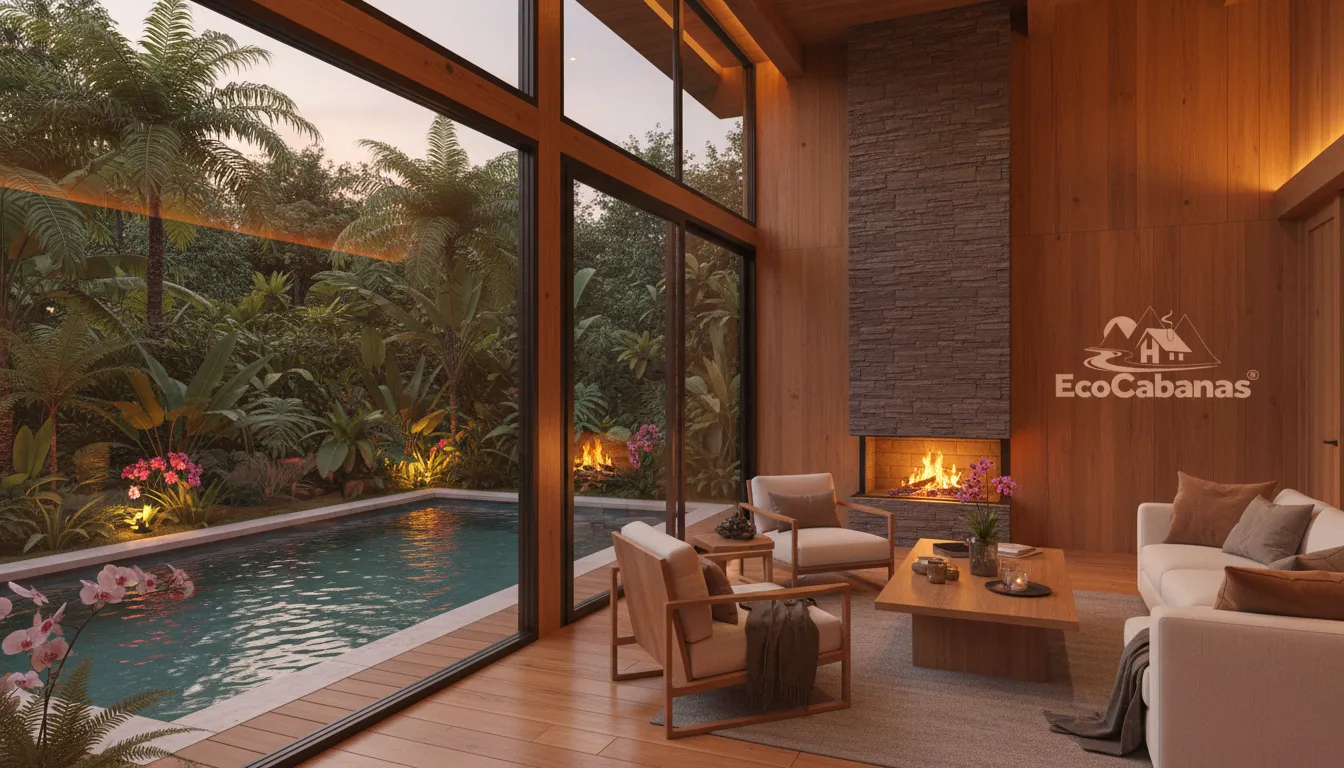 Interior minimalista de cabana com vista para a piscina aquecida e luzes quentes refletindo na água.